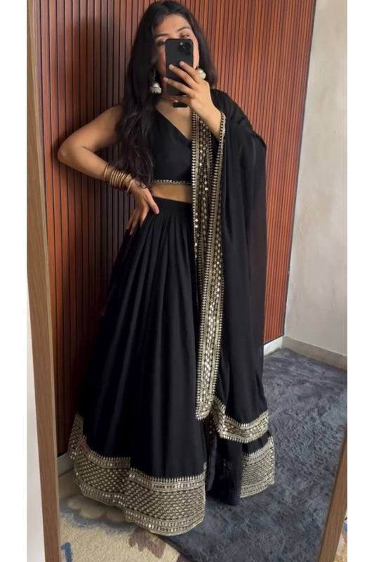 Black Embroidered Georgette Lehenga Set