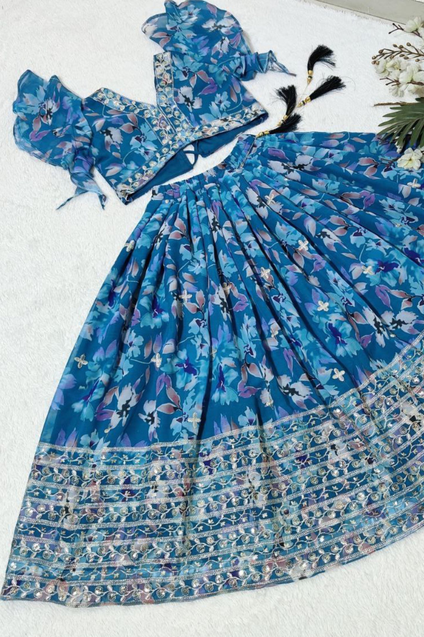 Trendy Girls Sky Blue Printed Lehenga Choli