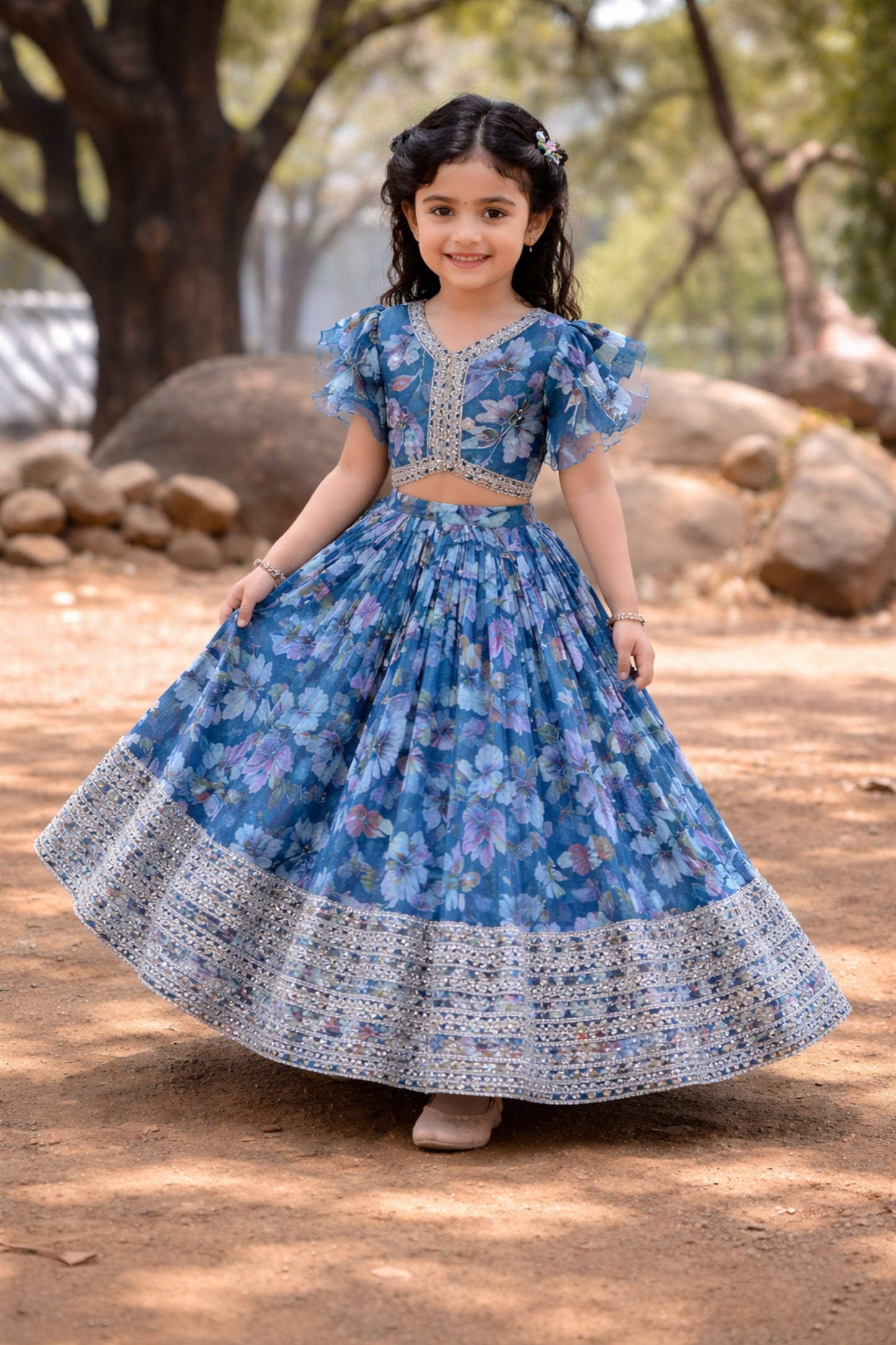 Trendy Girls Sky Blue Printed Lehenga Choli