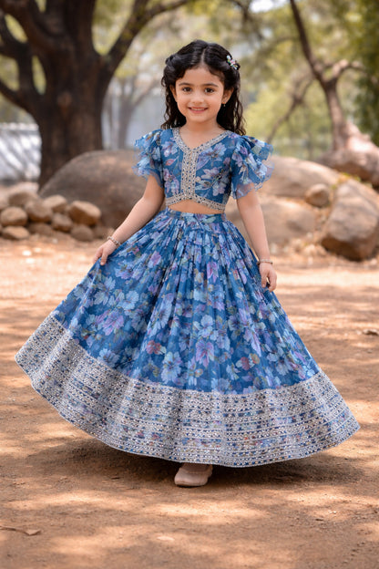 Trendy Girls Sky Blue Printed Lehenga Choli