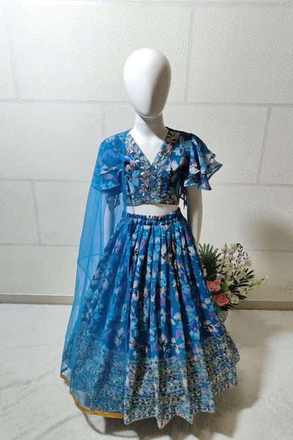 Trendy Girls Sky Blue Printed Lehenga Choli