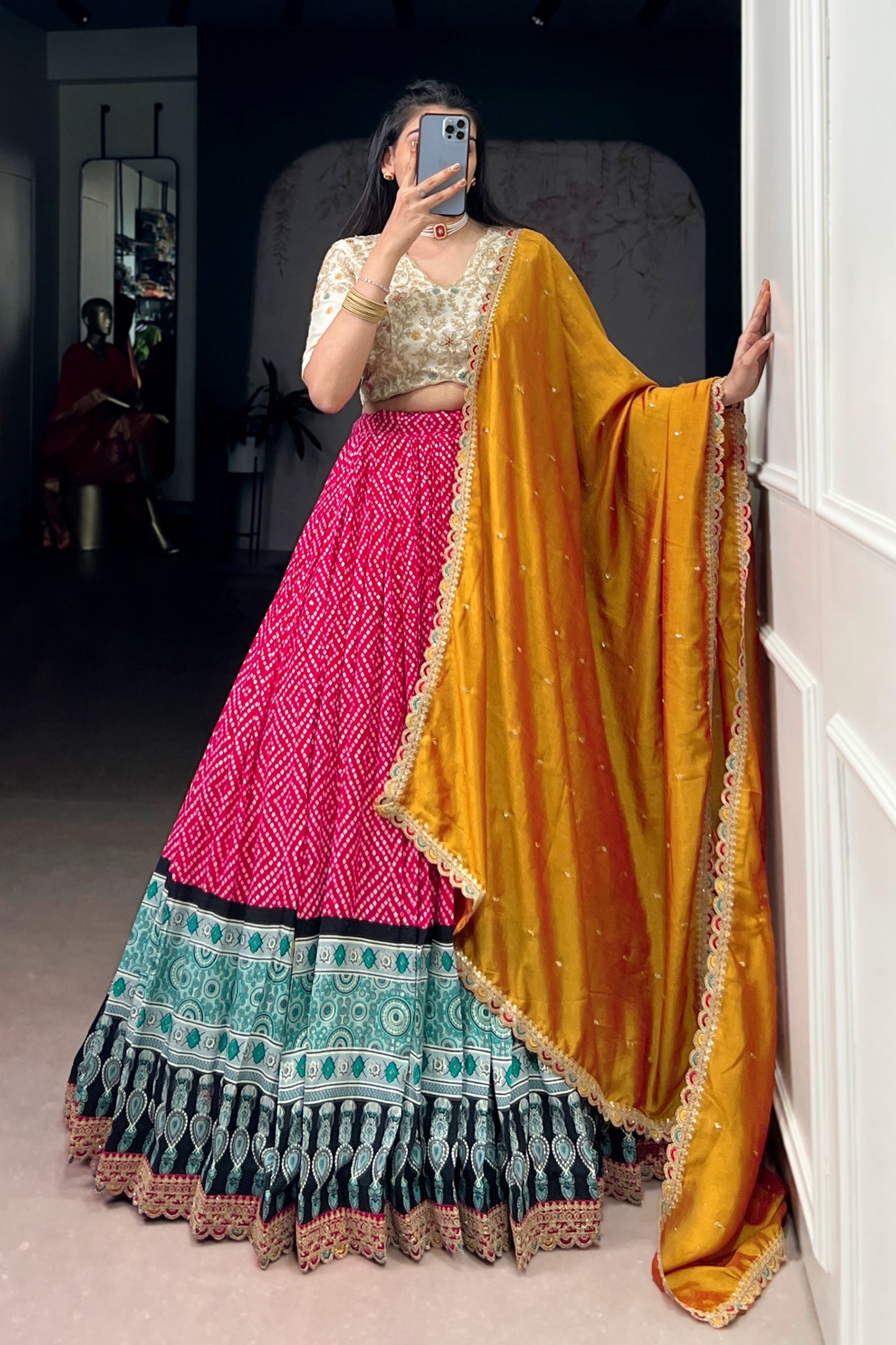 Bandhej and Ajrakh Prints Rayon Lehenga