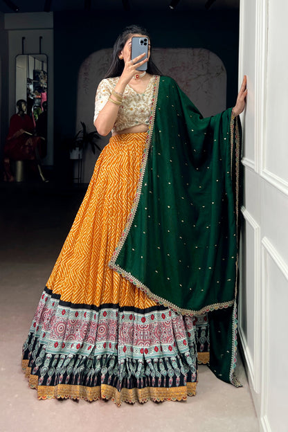 Bandhej and Ajrakh Prints Rayon Lehenga