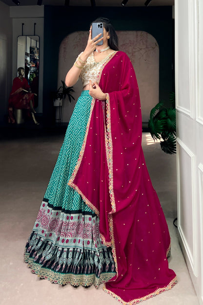 Bandhej and Ajrakh Prints Rayon Lehenga