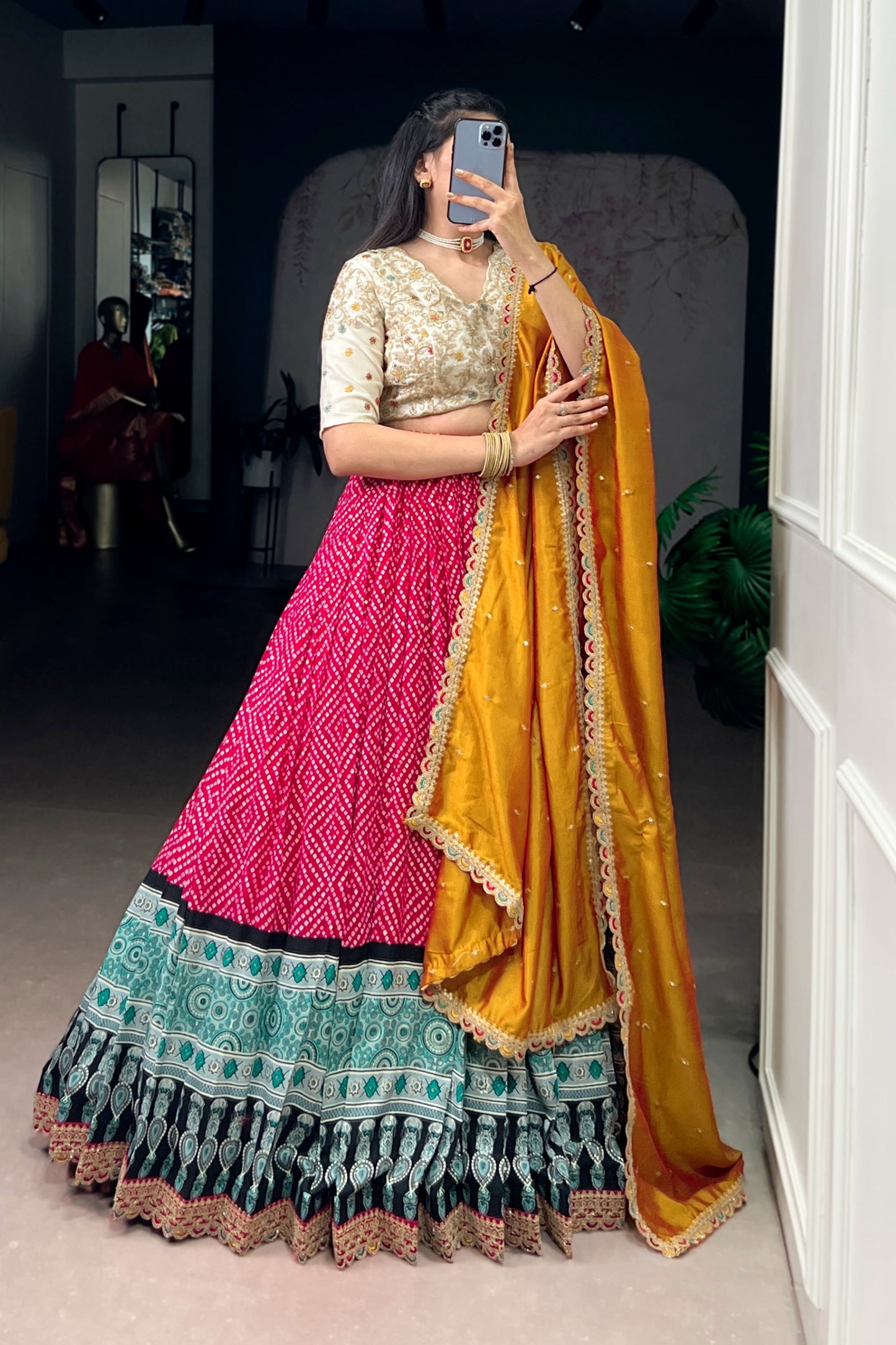 Bandhej and Ajrakh Prints Rayon Lehenga