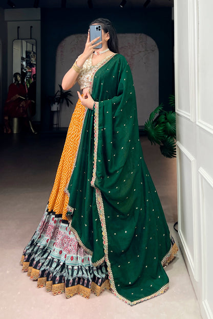 Bandhej and Ajrakh Prints Rayon Lehenga