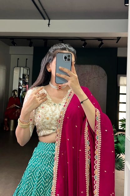 Bandhej and Ajrakh Prints Rayon Lehenga