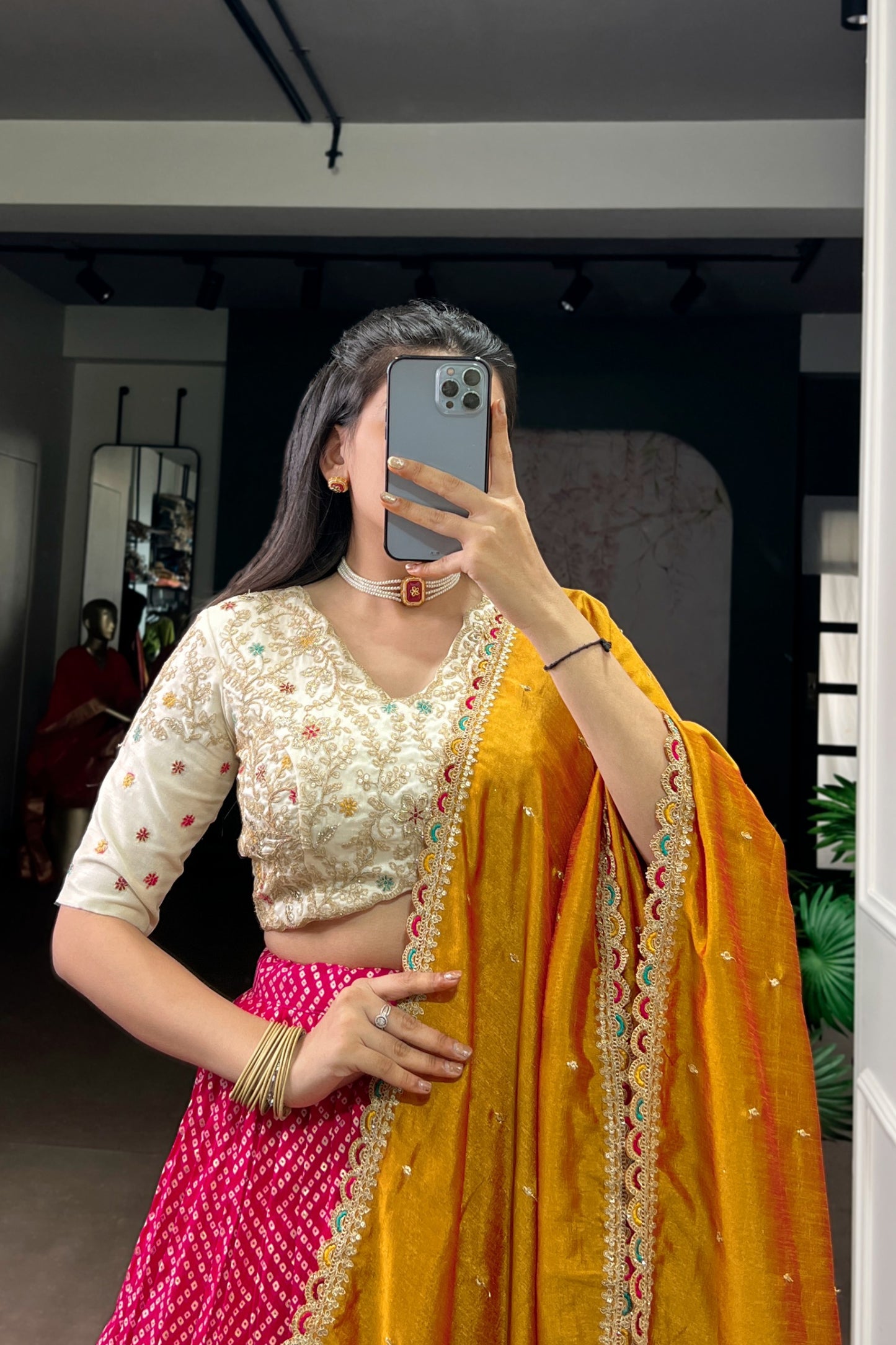 Bandhej and Ajrakh Prints Rayon Lehenga