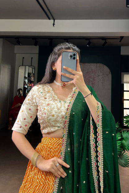 Bandhej and Ajrakh Prints Rayon Lehenga
