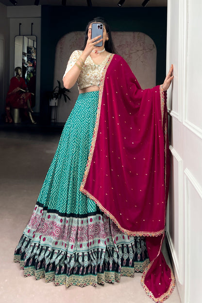Bandhej and Ajrakh Prints Rayon Lehenga