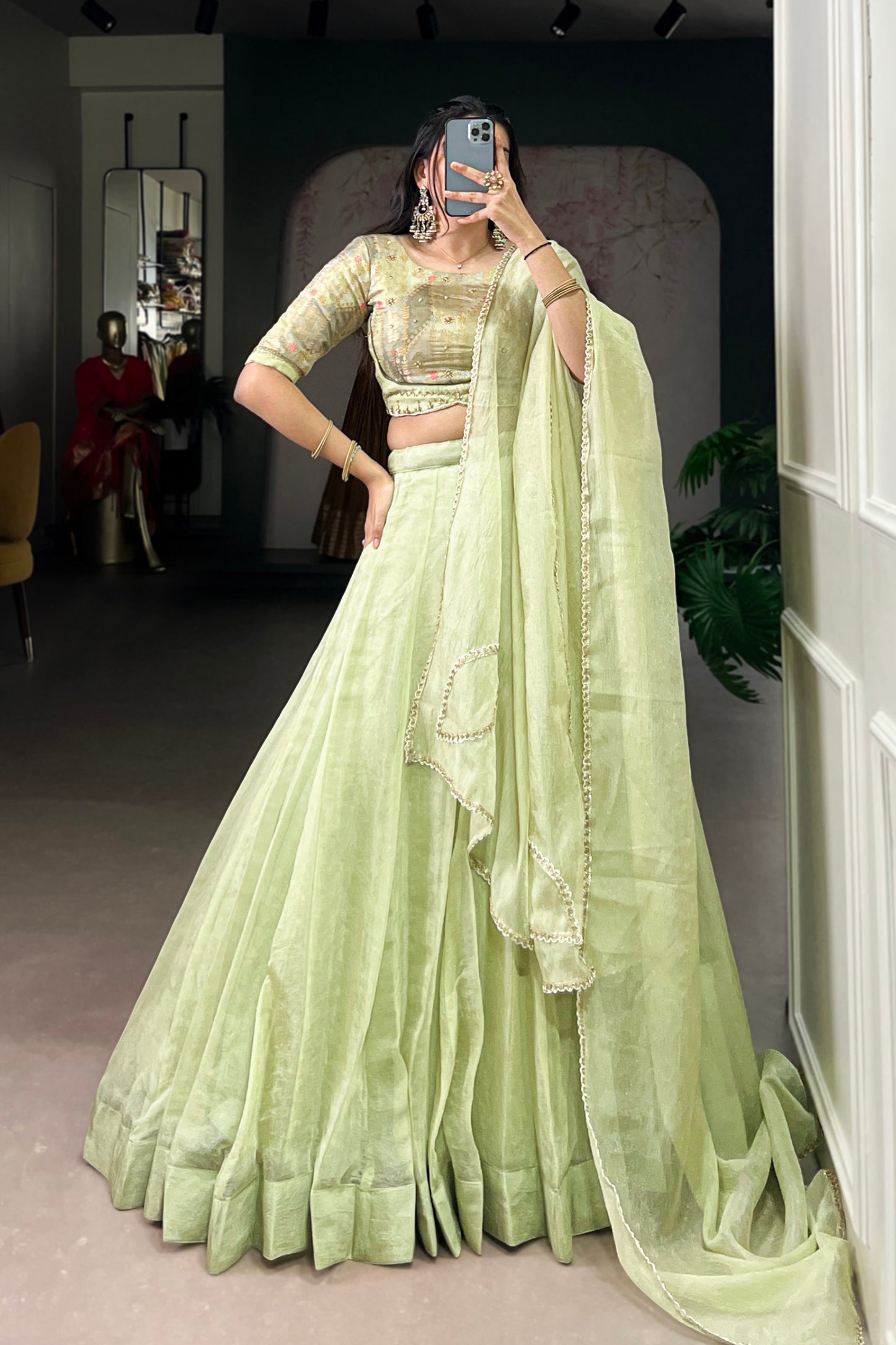 Allen Crush Fabric Lehenga in a Calming Tea Shade