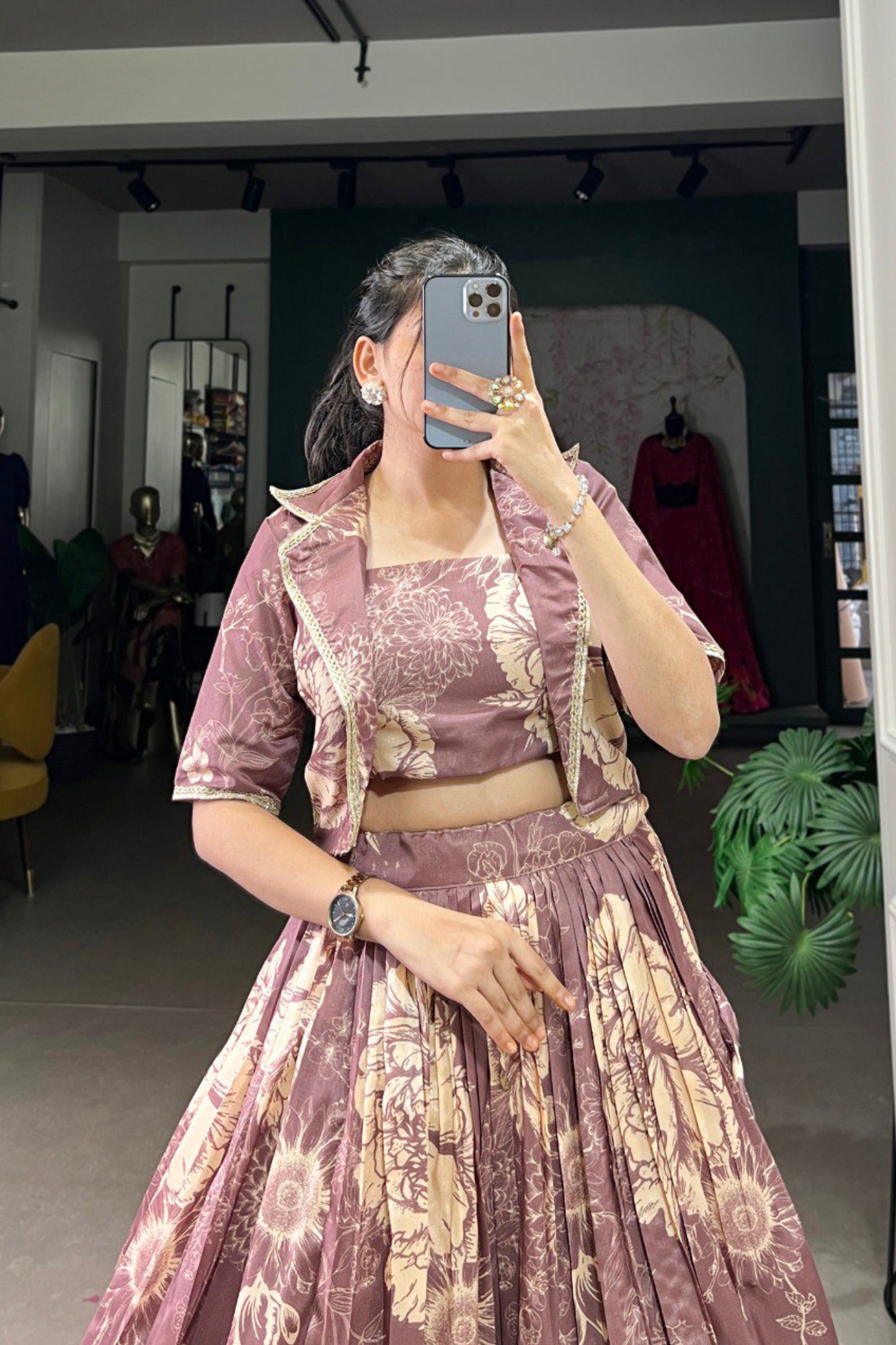 Tussar Silk Three Piece Crop top with Lehenga