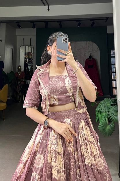 Tussar Silk Three Piece Crop top with Lehenga
