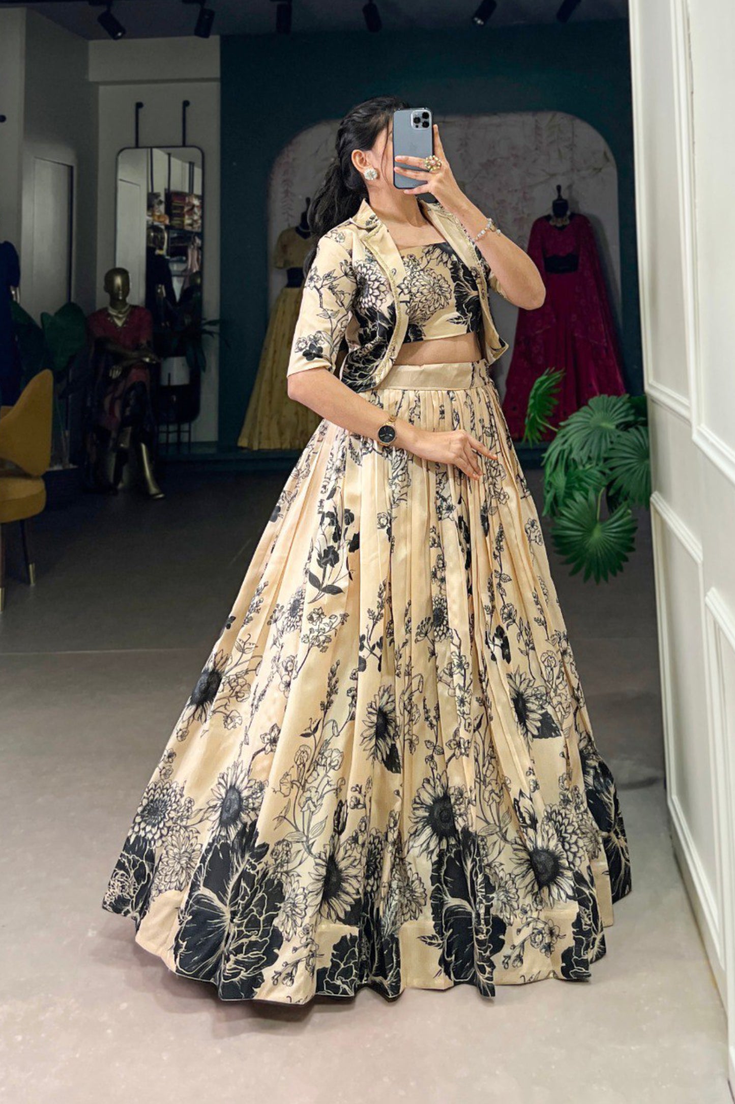 Tussar Silk Three Piece Crop top with Lehenga