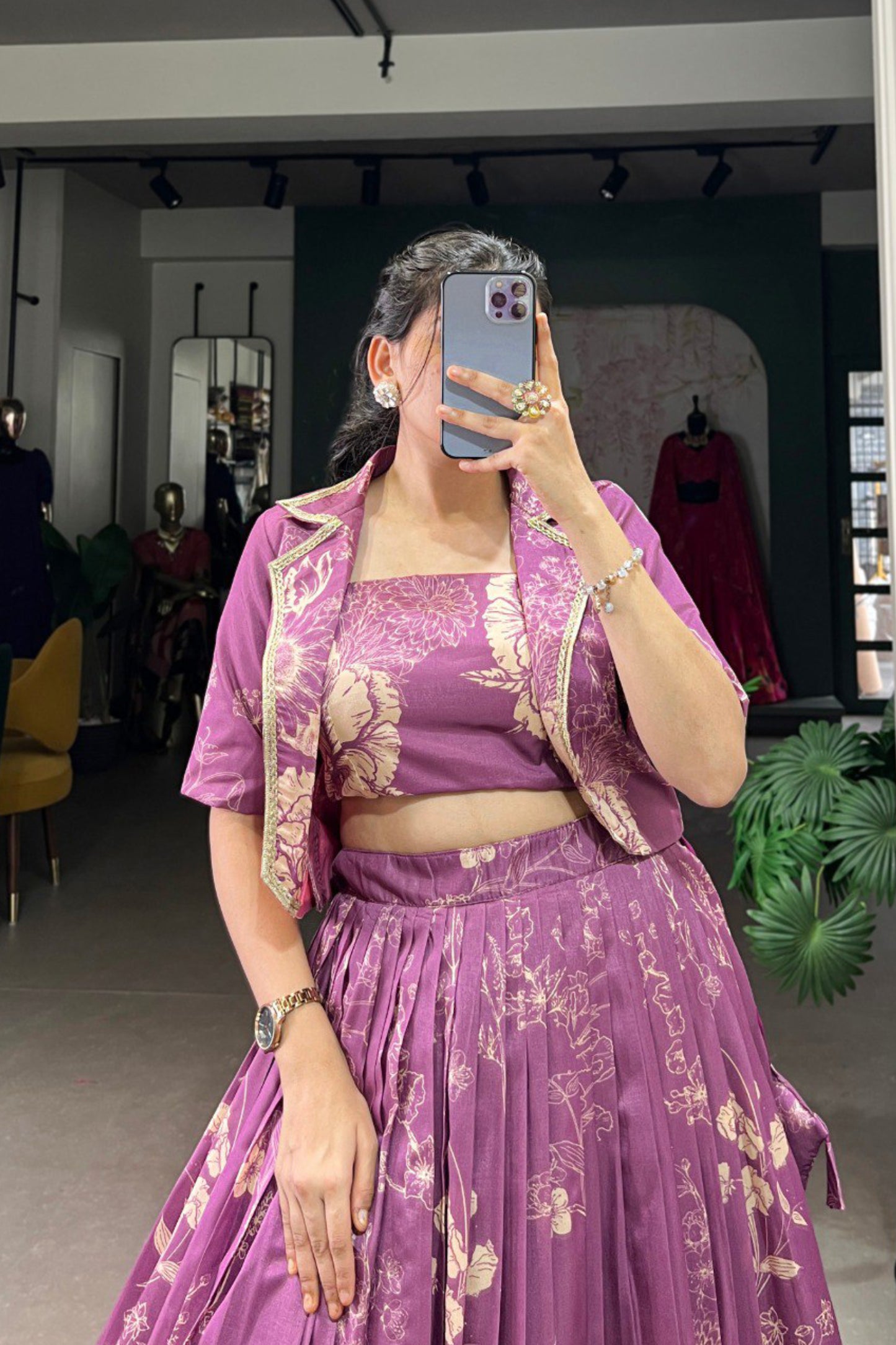 Tussar Silk Three Piece Crop top with Lehenga
