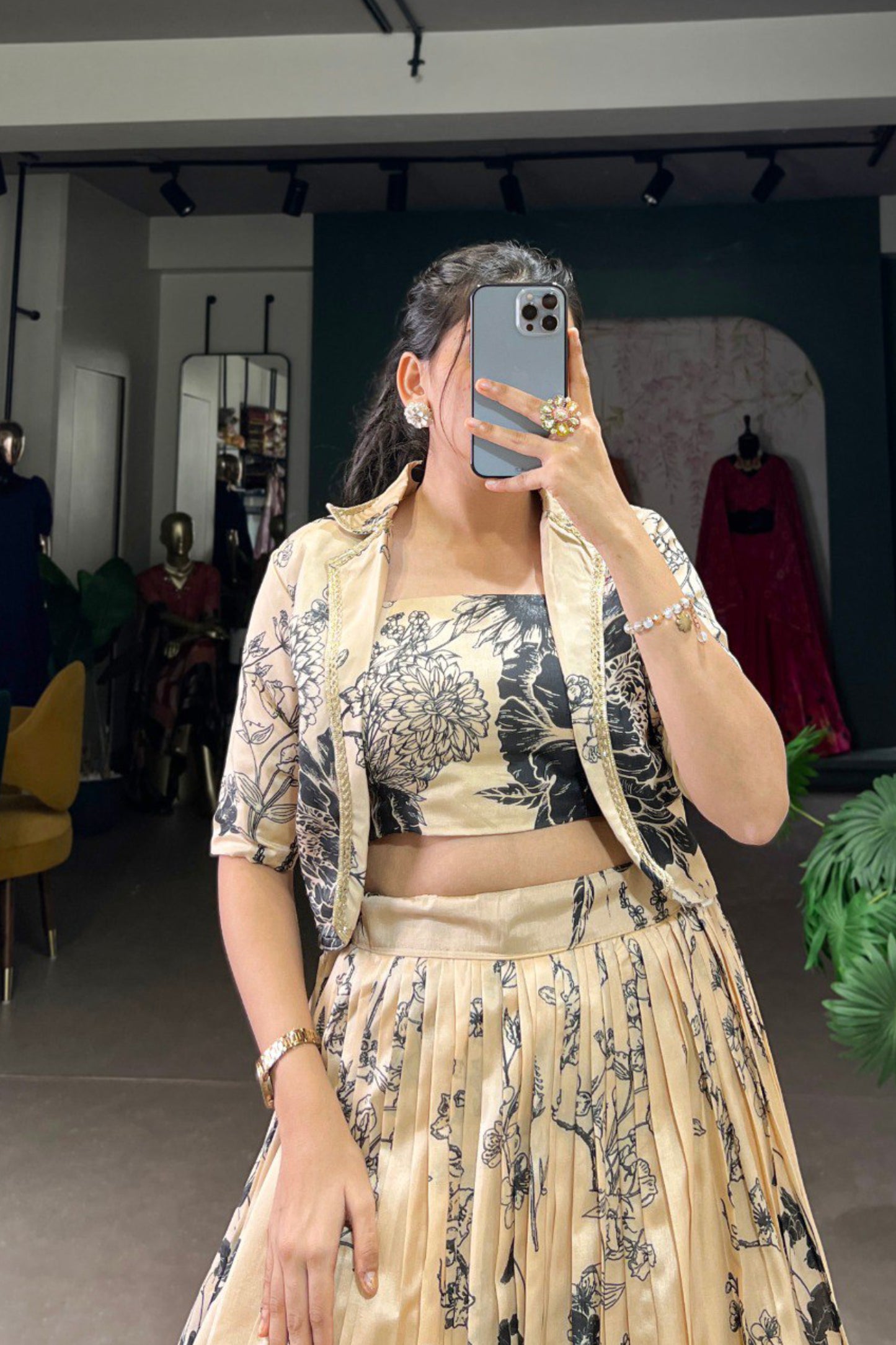Tussar Silk Three Piece Crop top with Lehenga