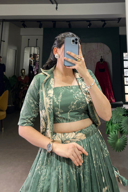 Tussar Silk Three Piece Crop top with Lehenga