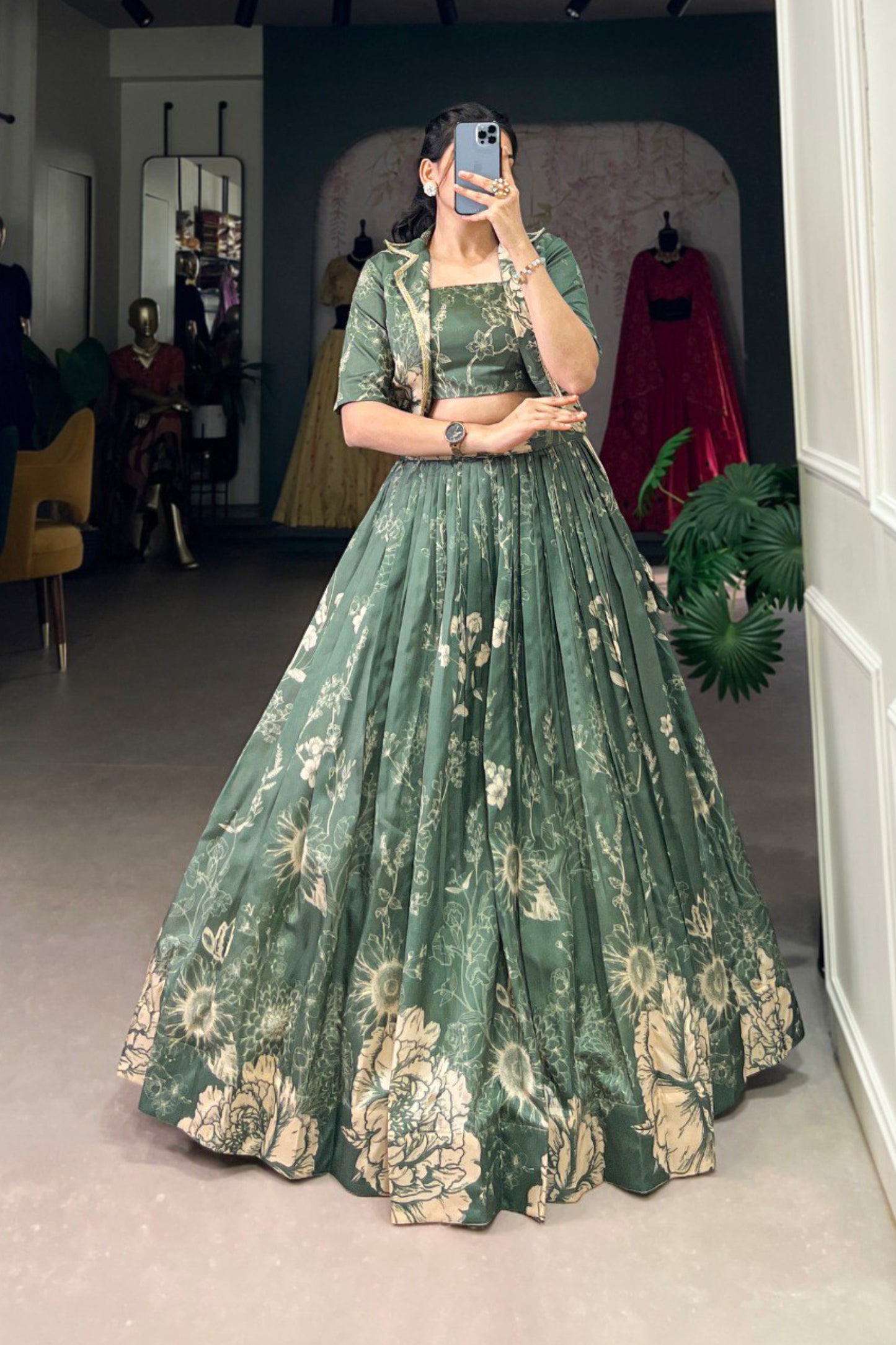 Tussar Silk Three Piece Crop top with Lehenga
