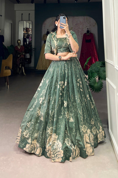 Tussar Silk Three Piece Crop top with Lehenga