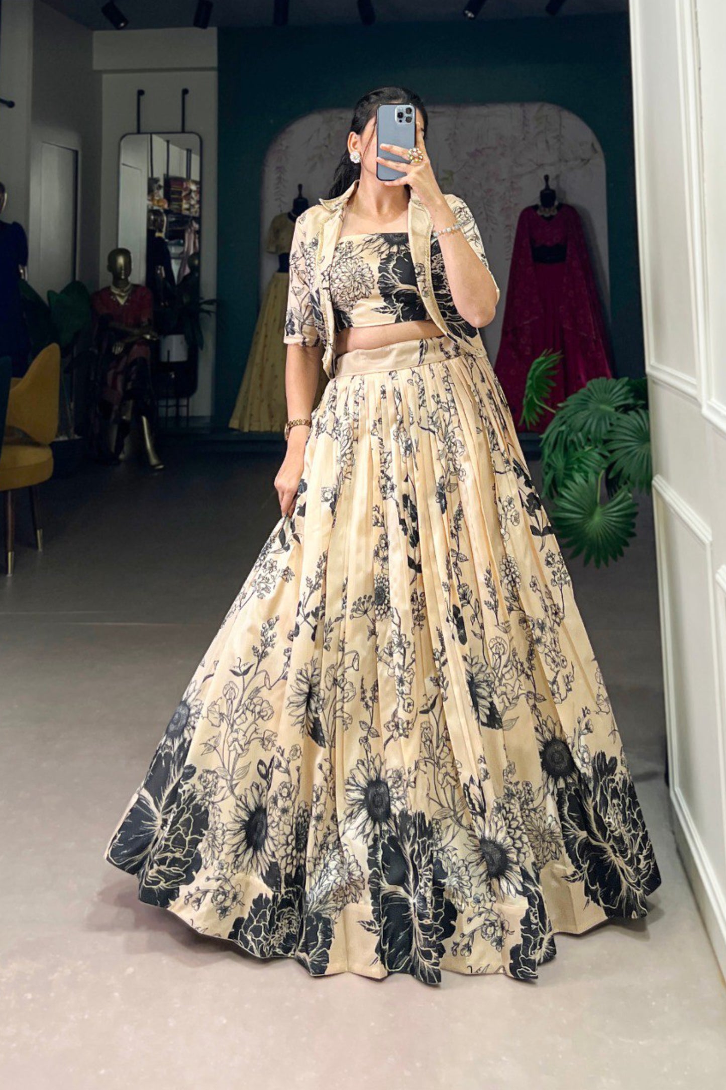 Tussar Silk Three Piece Crop top with Lehenga