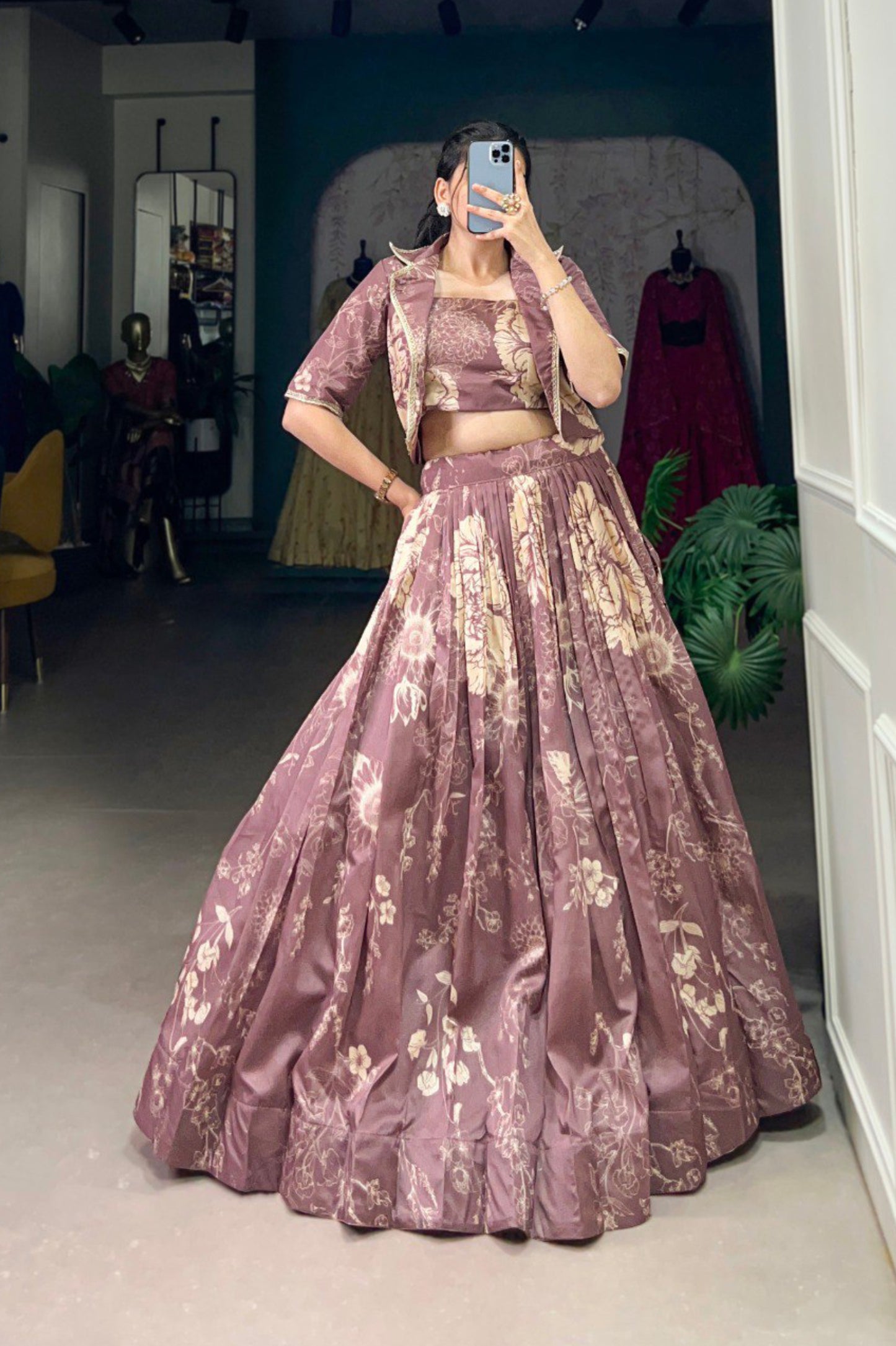 Tussar Silk Three Piece Crop top with Lehenga