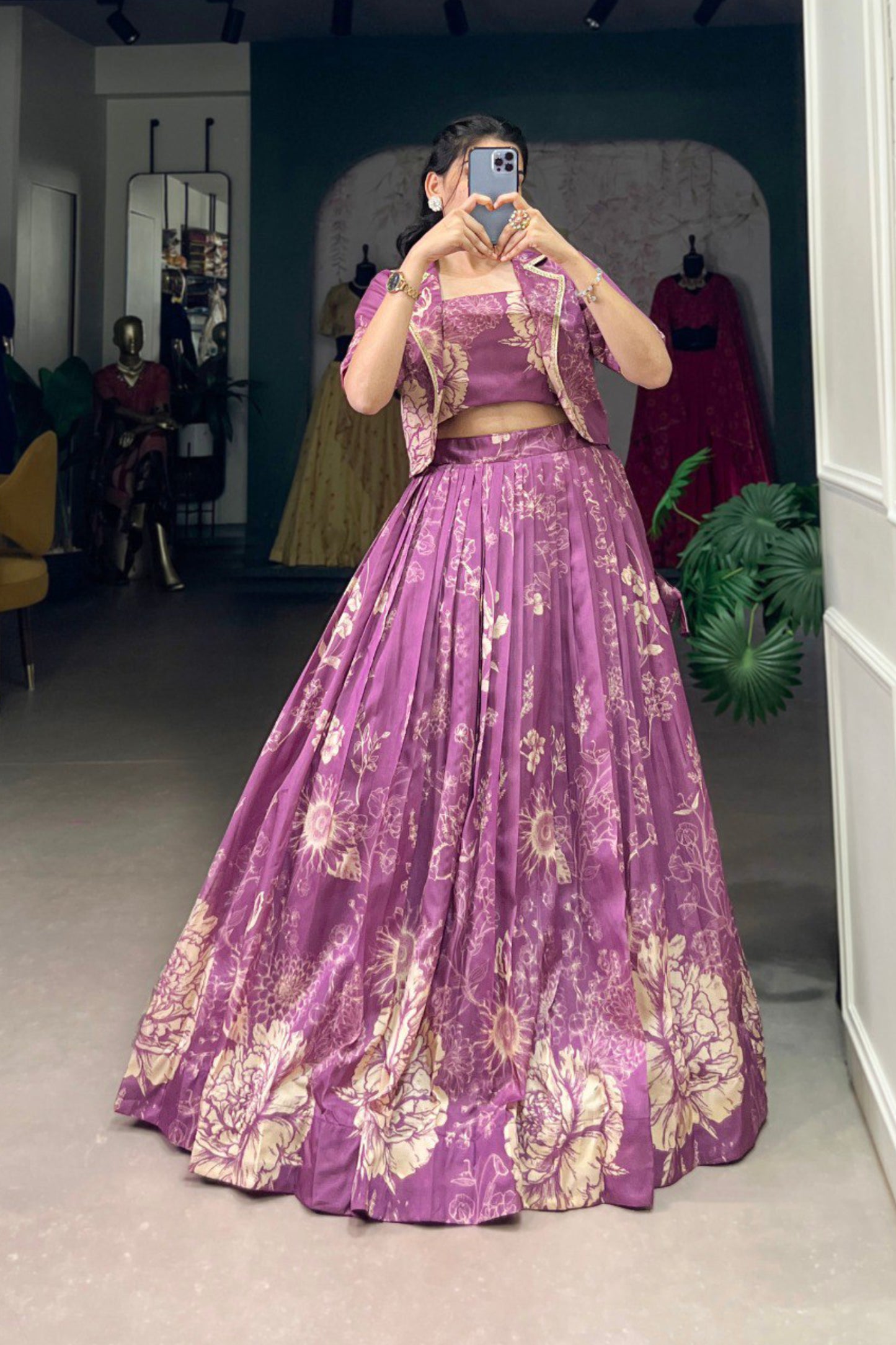 Tussar Silk Three Piece Crop top with Lehenga