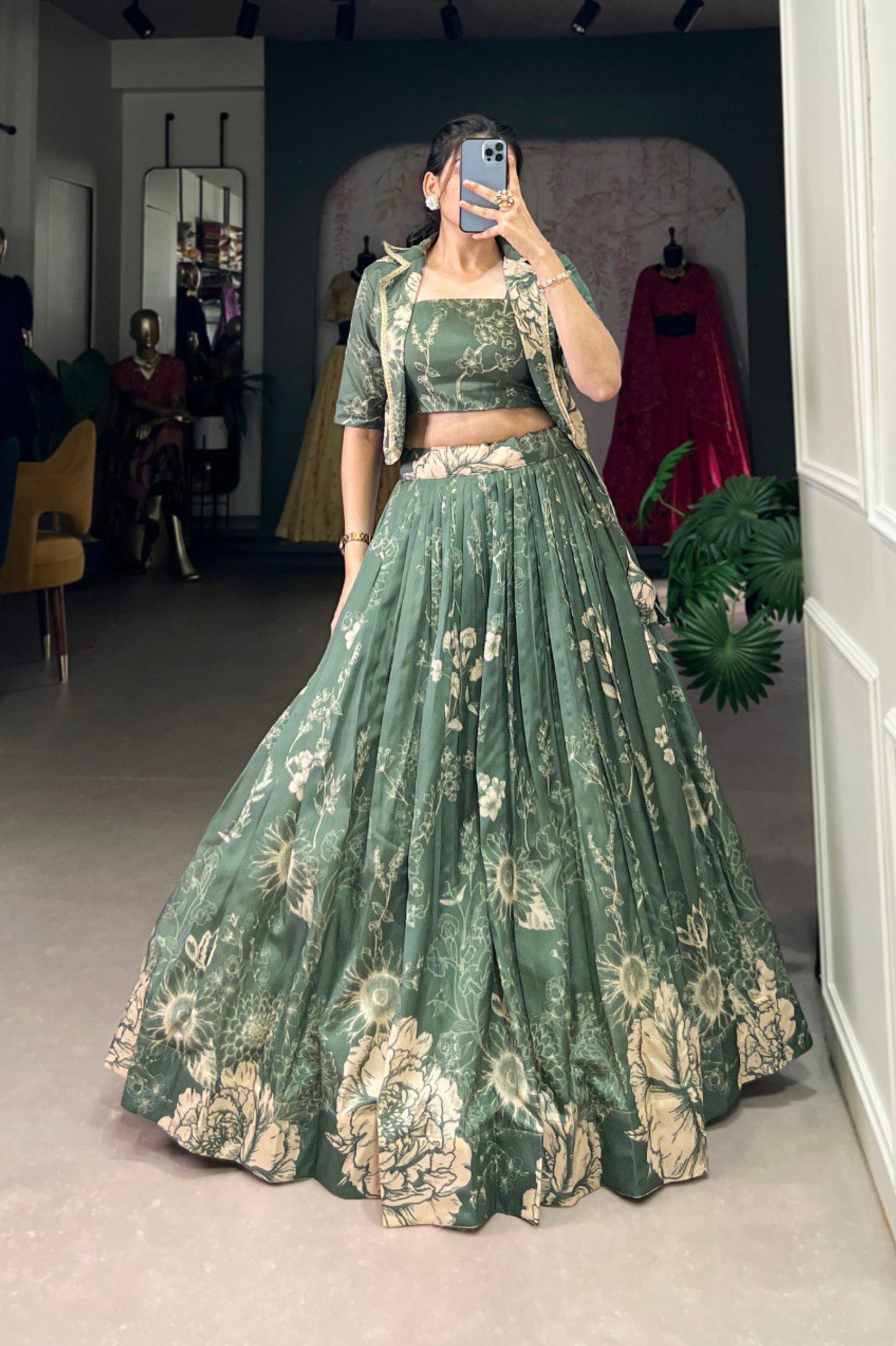 Tussar Silk Three Piece Crop top with Lehenga