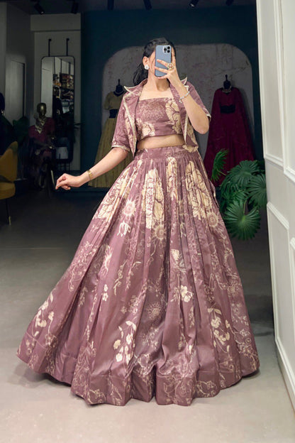 Tussar Silk Three Piece Crop top with Lehenga