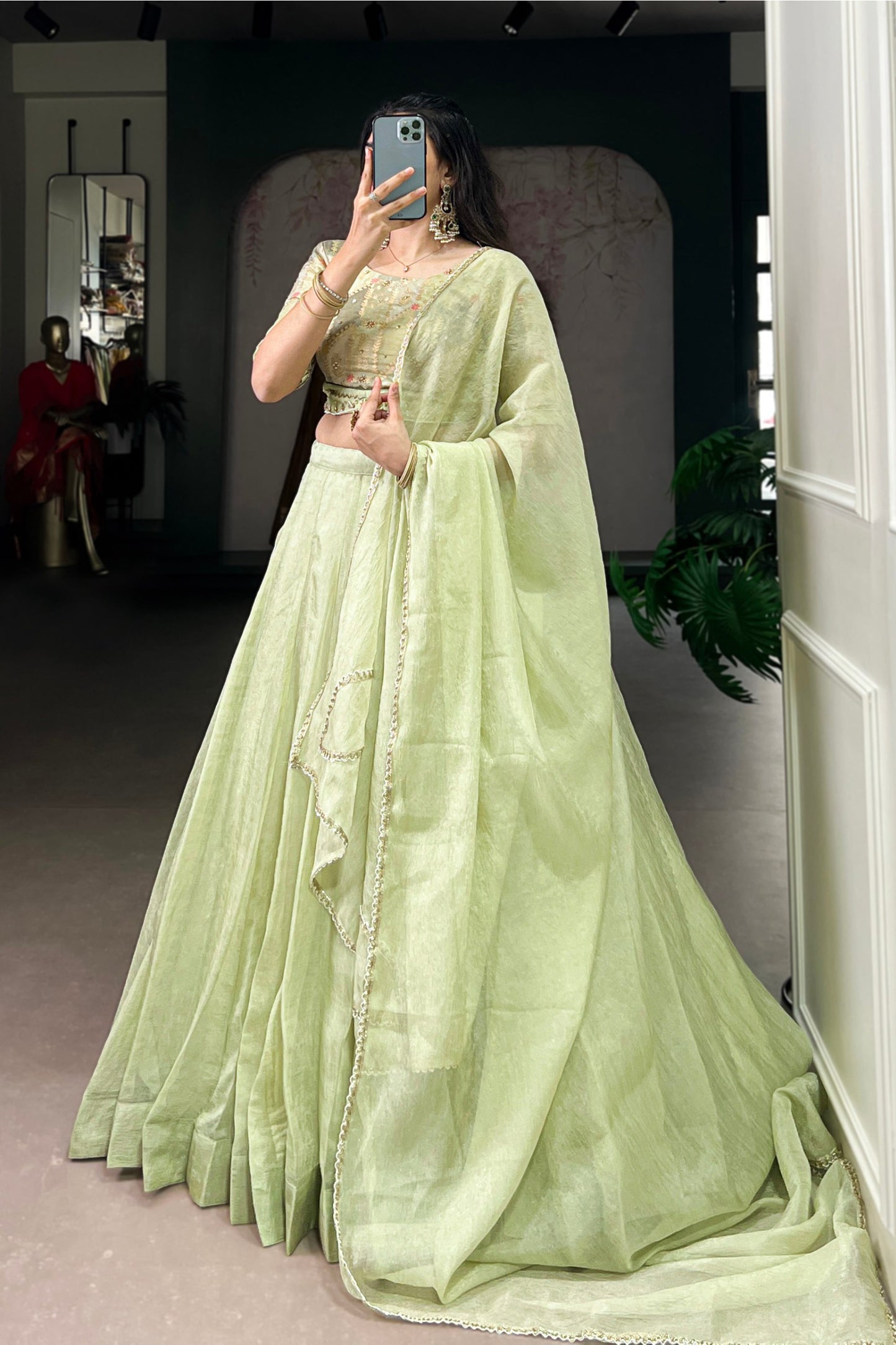 Allen Crush Fabric Lehenga in a Calming Tea Shade