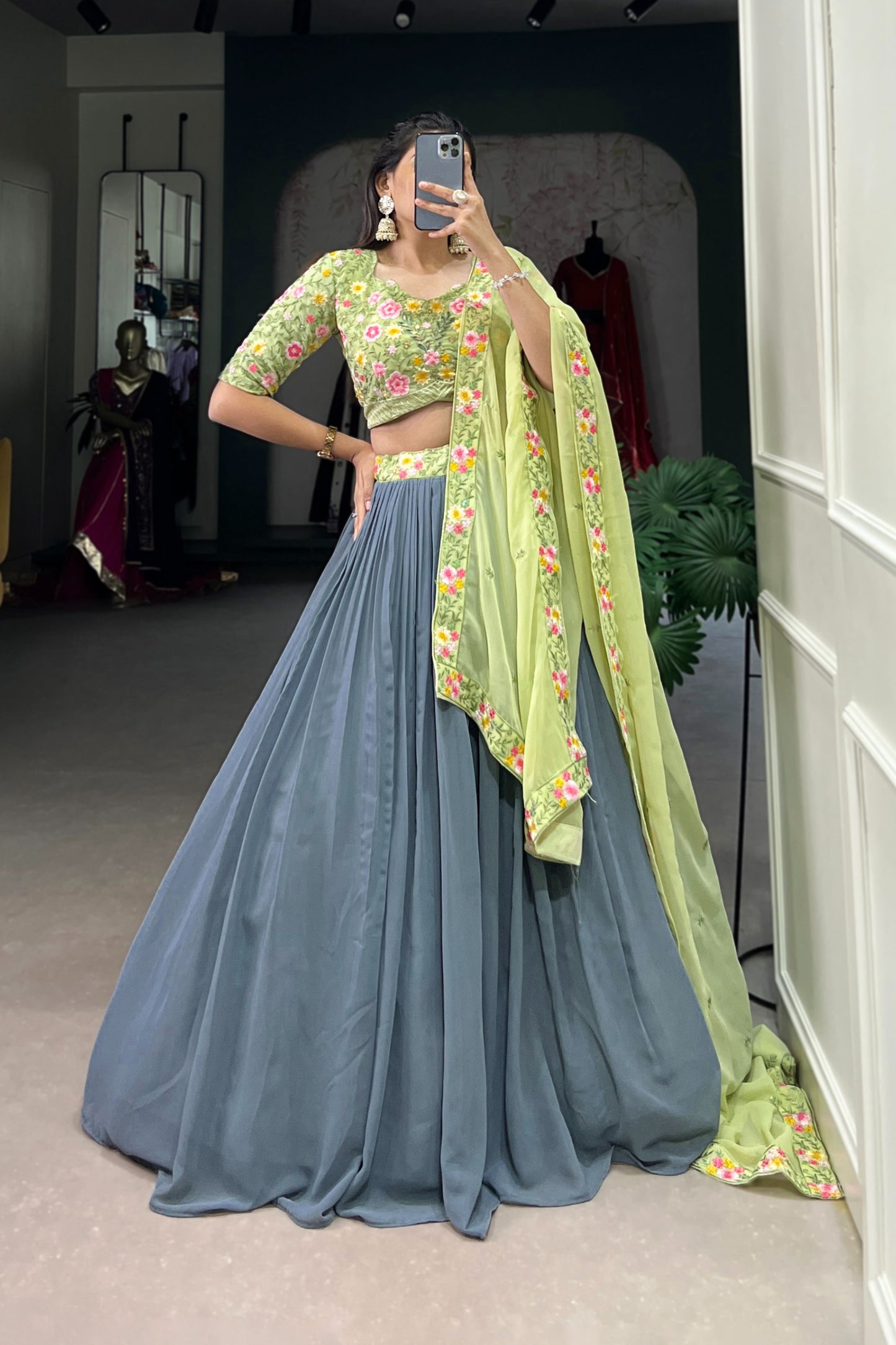 Radiate Soft Glamour in Gray and Pista Bridesmaid Attire