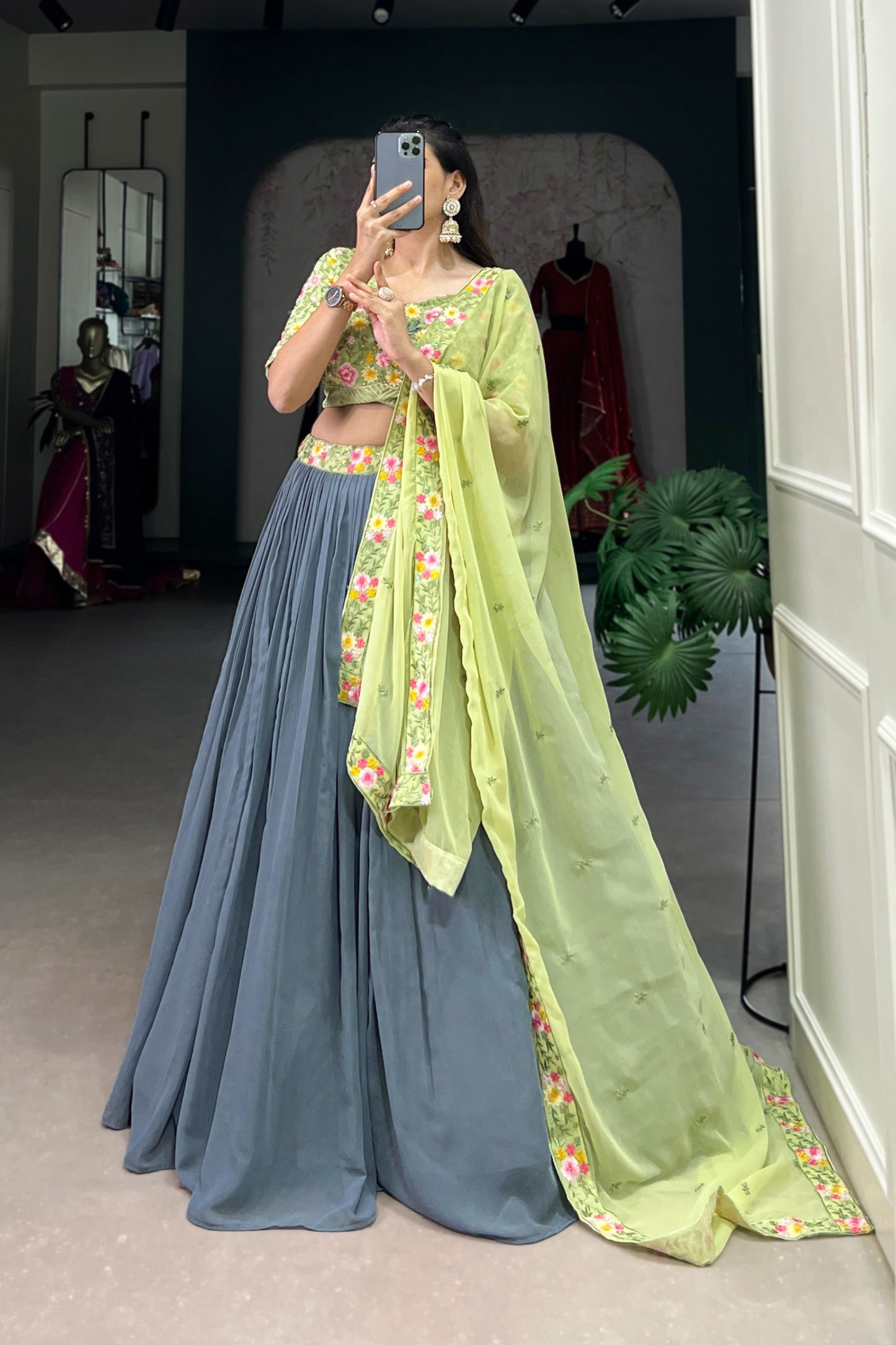 Radiate Soft Glamour in Gray and Pista Bridesmaid Attire