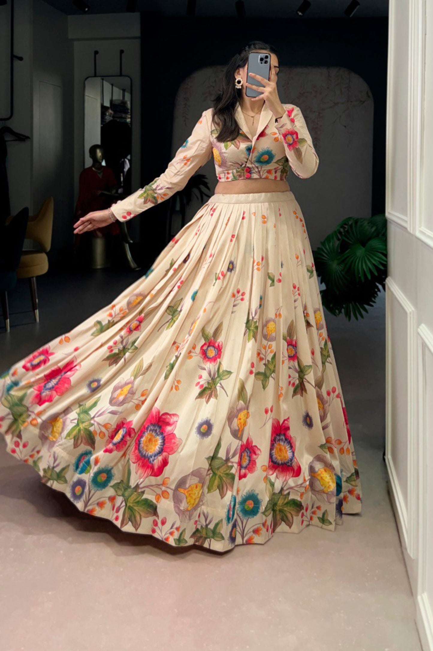 Floral Printed Tasar Silk Co-ord Set Lehenga