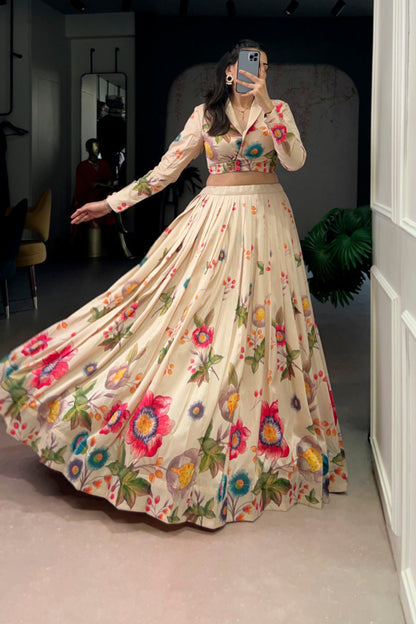 Floral Printed Tasar Silk Co-ord Set Lehenga