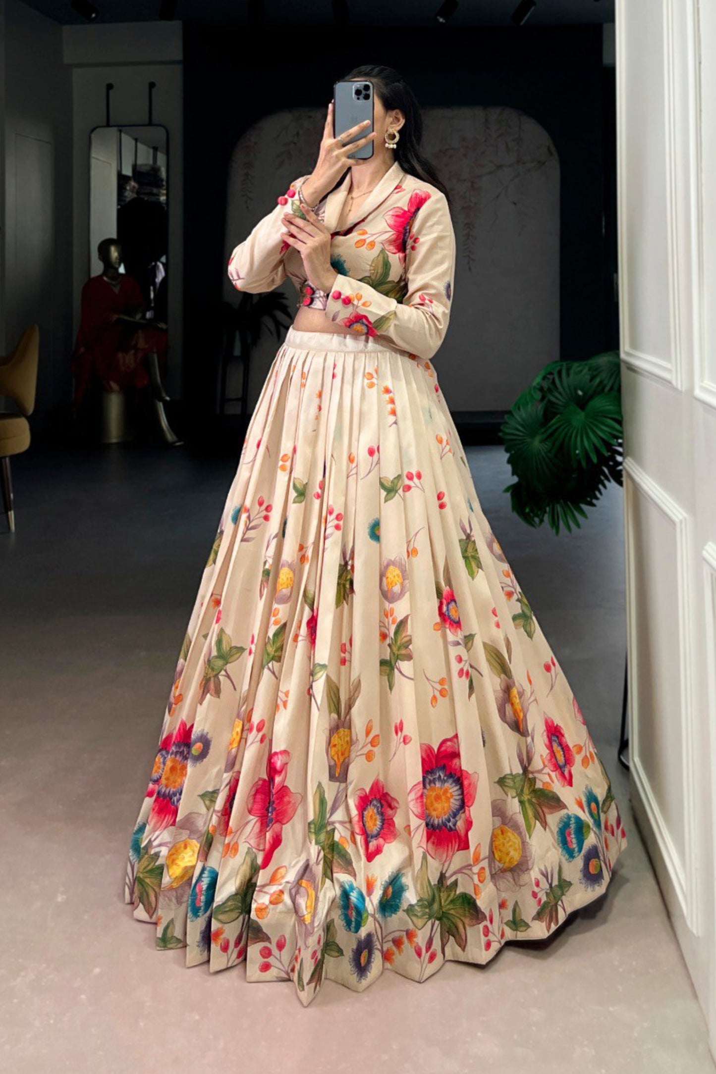 Floral Printed Tasar Silk Co-ord Set Lehenga