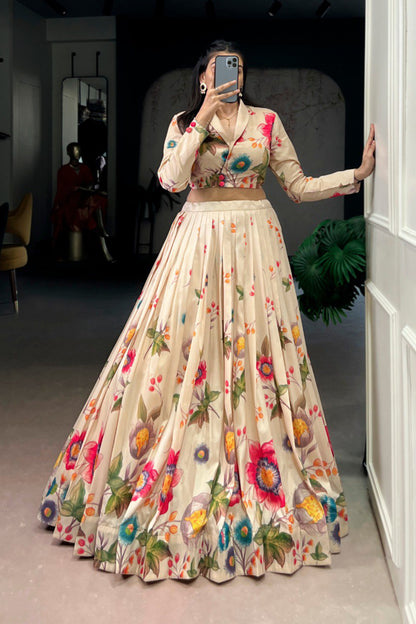 Floral Printed Tasar Silk Co-ord Set Lehenga