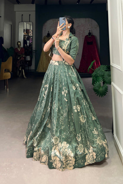 Tussar Silk Three Piece Crop top with Lehenga