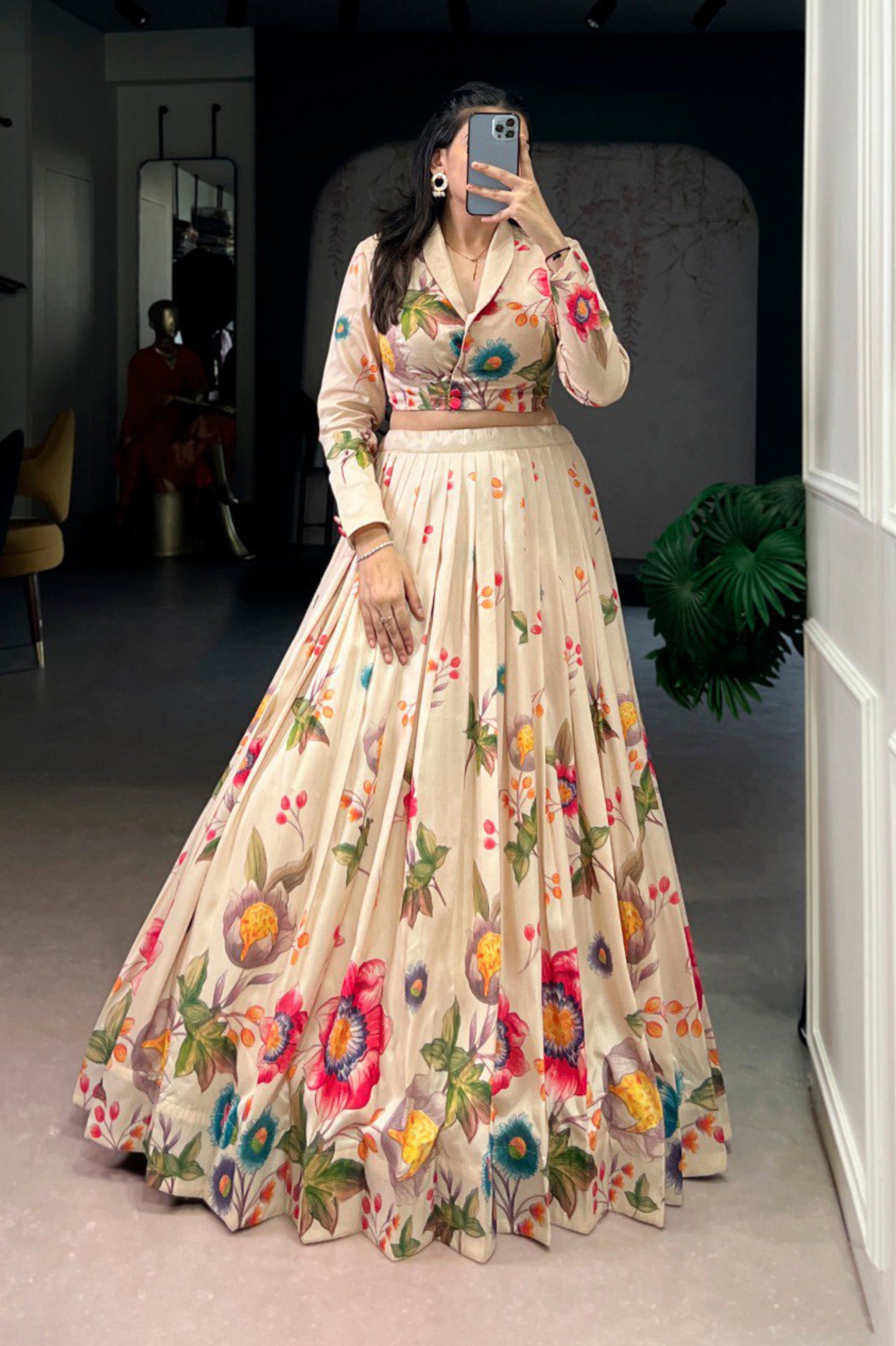 Floral Printed Tasar Silk Co-ord Set Lehenga