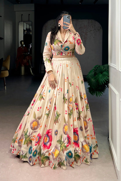 Floral Printed Tasar Silk Co-ord Set Lehenga