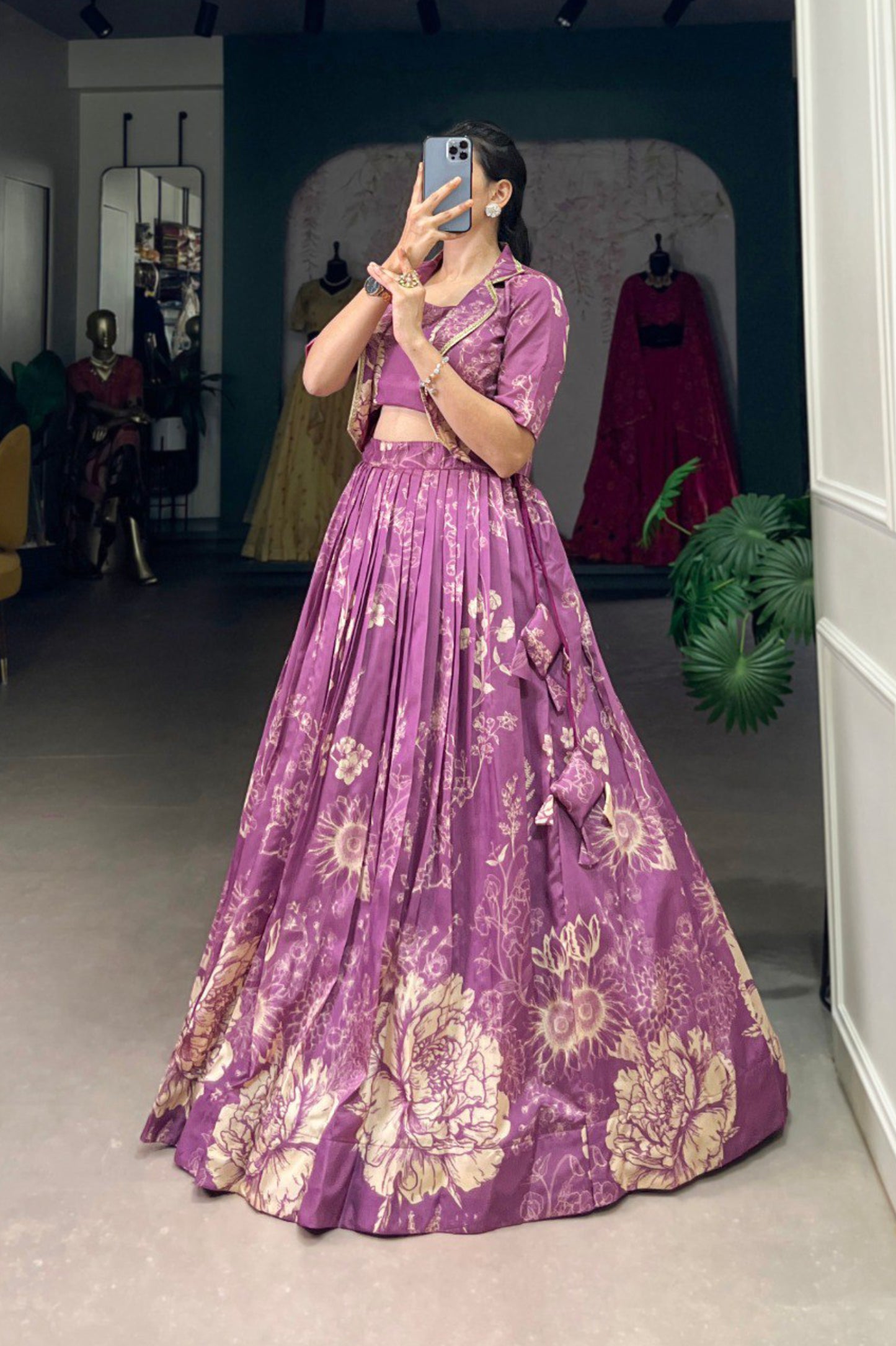 Tussar Silk Three Piece Crop top with Lehenga