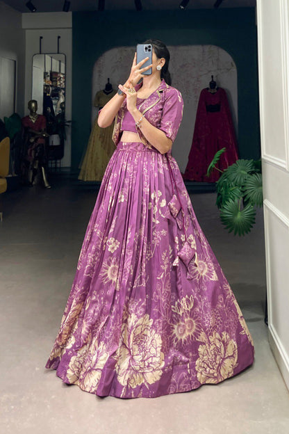 Tussar Silk Three Piece Crop top with Lehenga