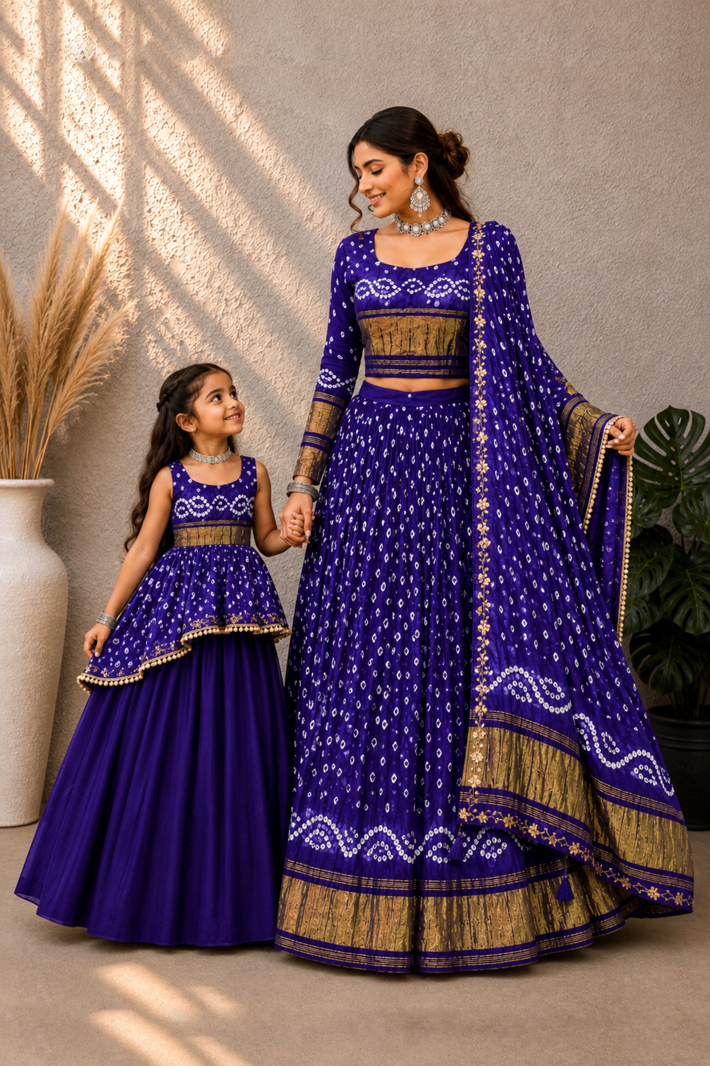 Bandhej Silk Mother Daughter Combo