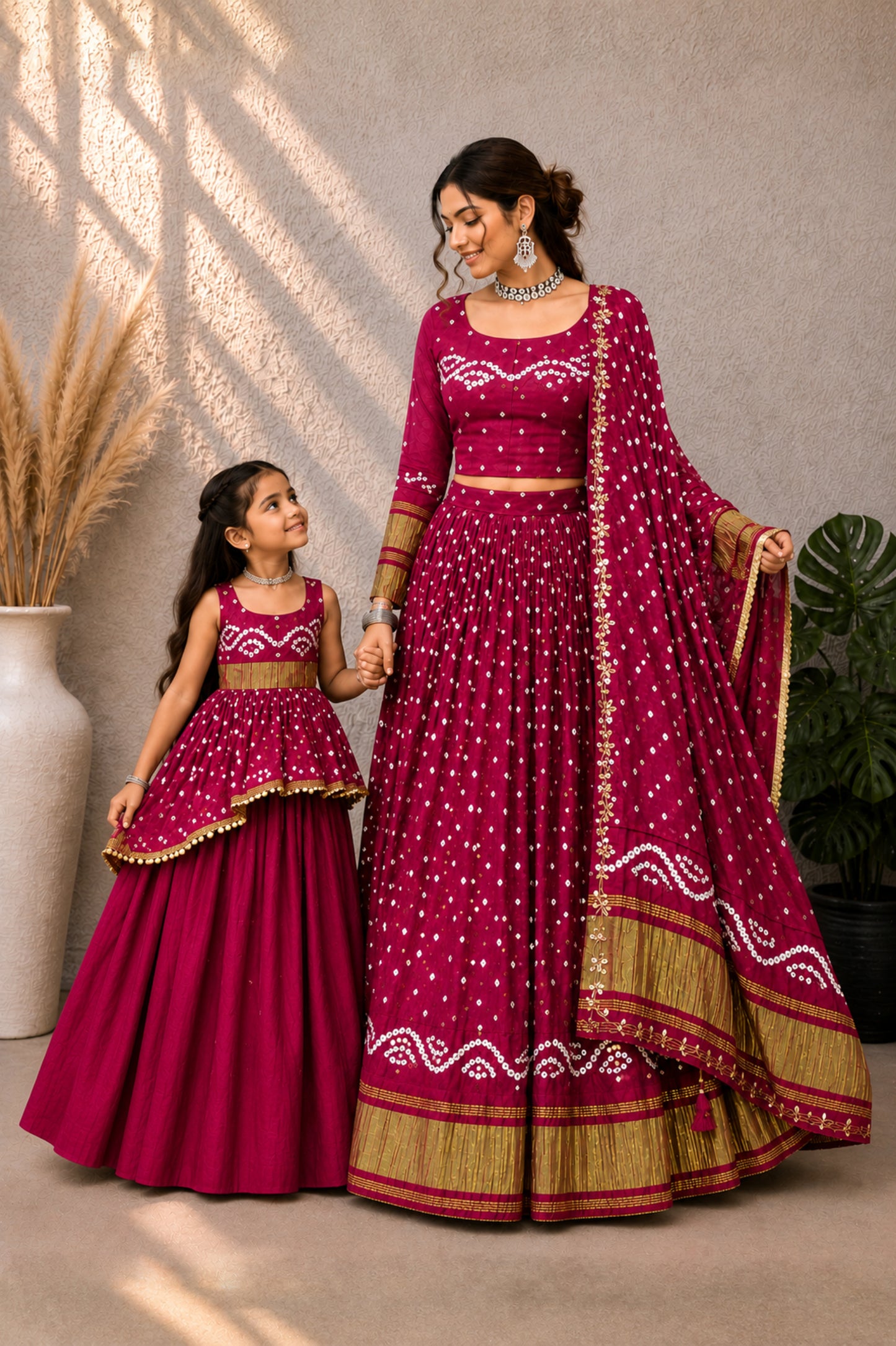 Bandhej Silk Mother Daughter Combo