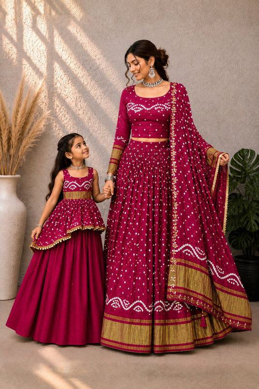 Bandhej Silk Mother Daughter Combo