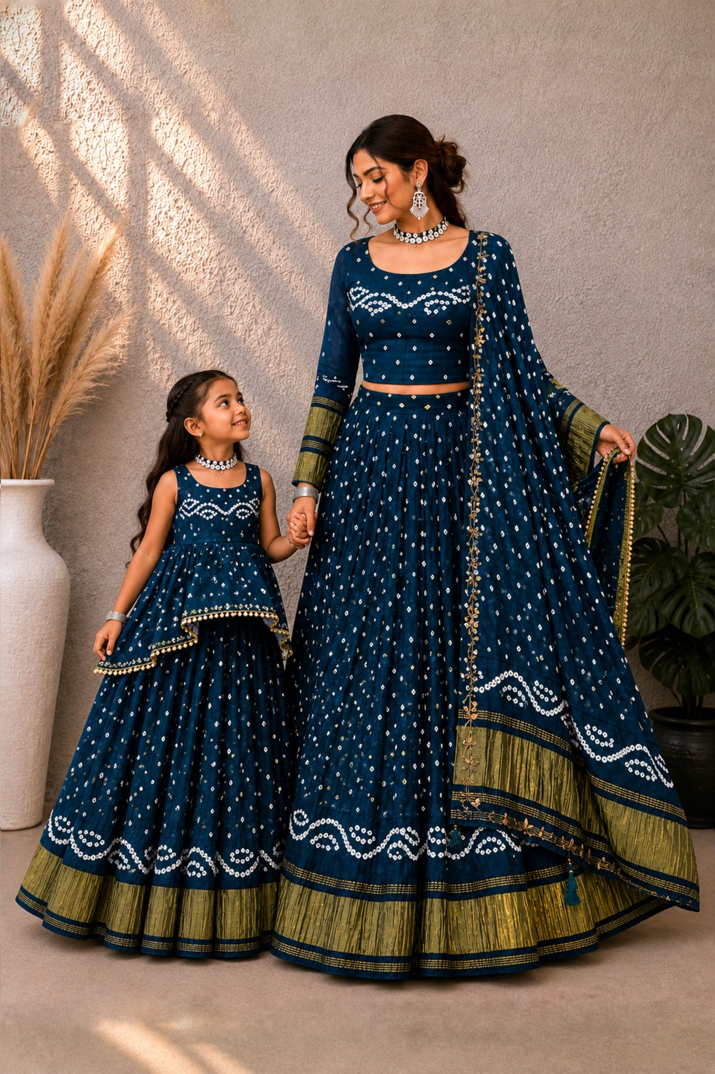 Bandhej Silk Mother Daughter Combo