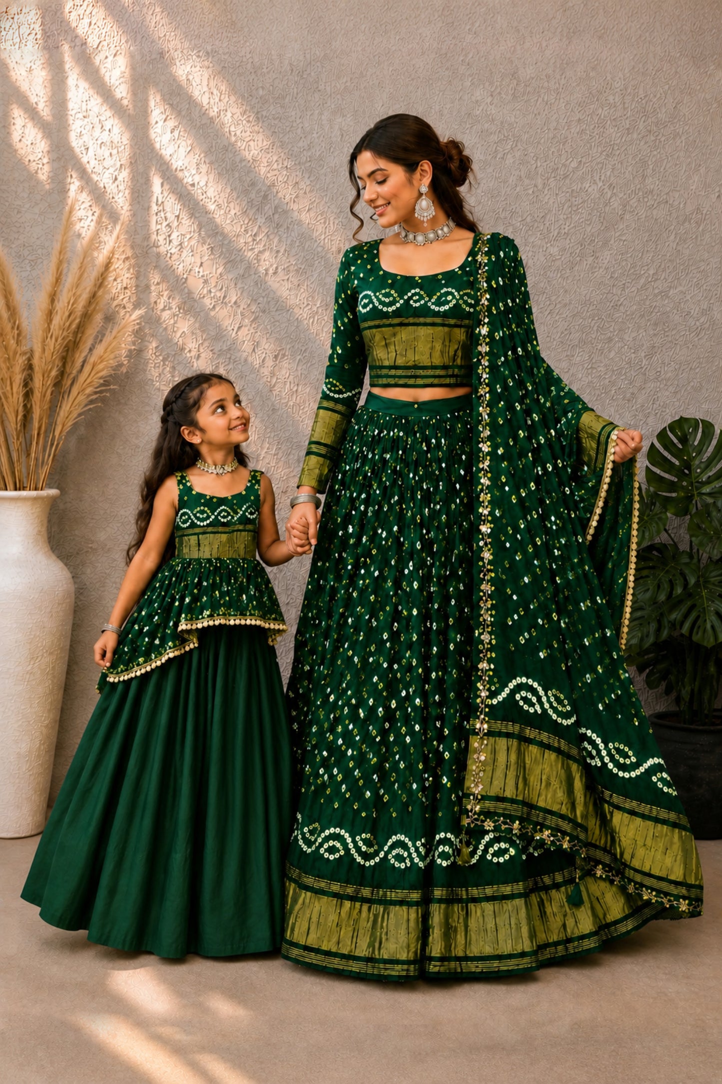 Bandhej Silk Mother Daughter Combo