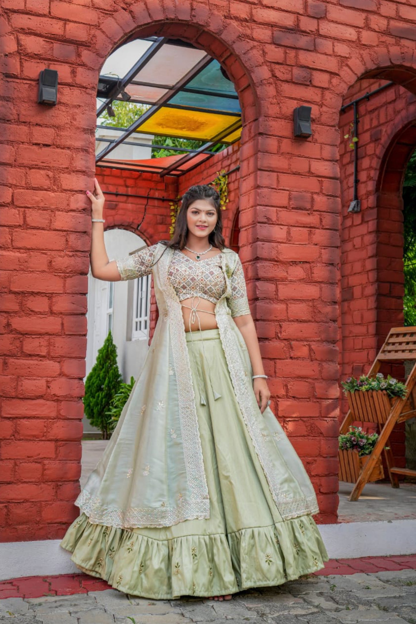 Butterfly Pista Shrug Indo-Western Style Lehenga