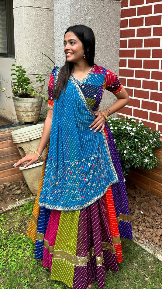 Mluticolor Bandhej Georgette Chaniya Choli | Full Flair Navratri Special Outfit