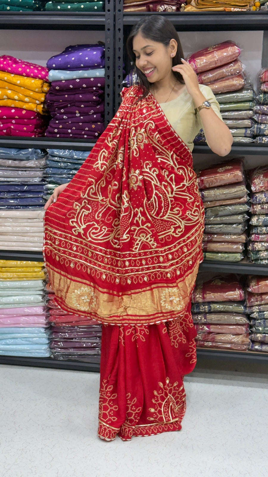 Gaji Silk Gota patti Bandhani Saree