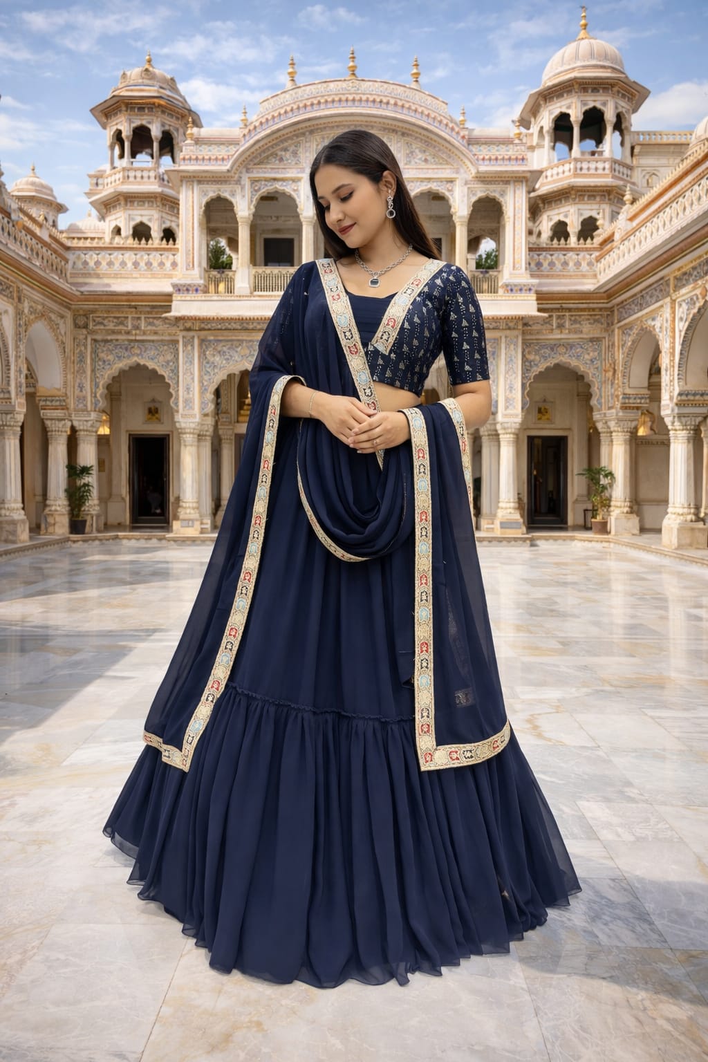 Blue Pleated Lehenga Choli