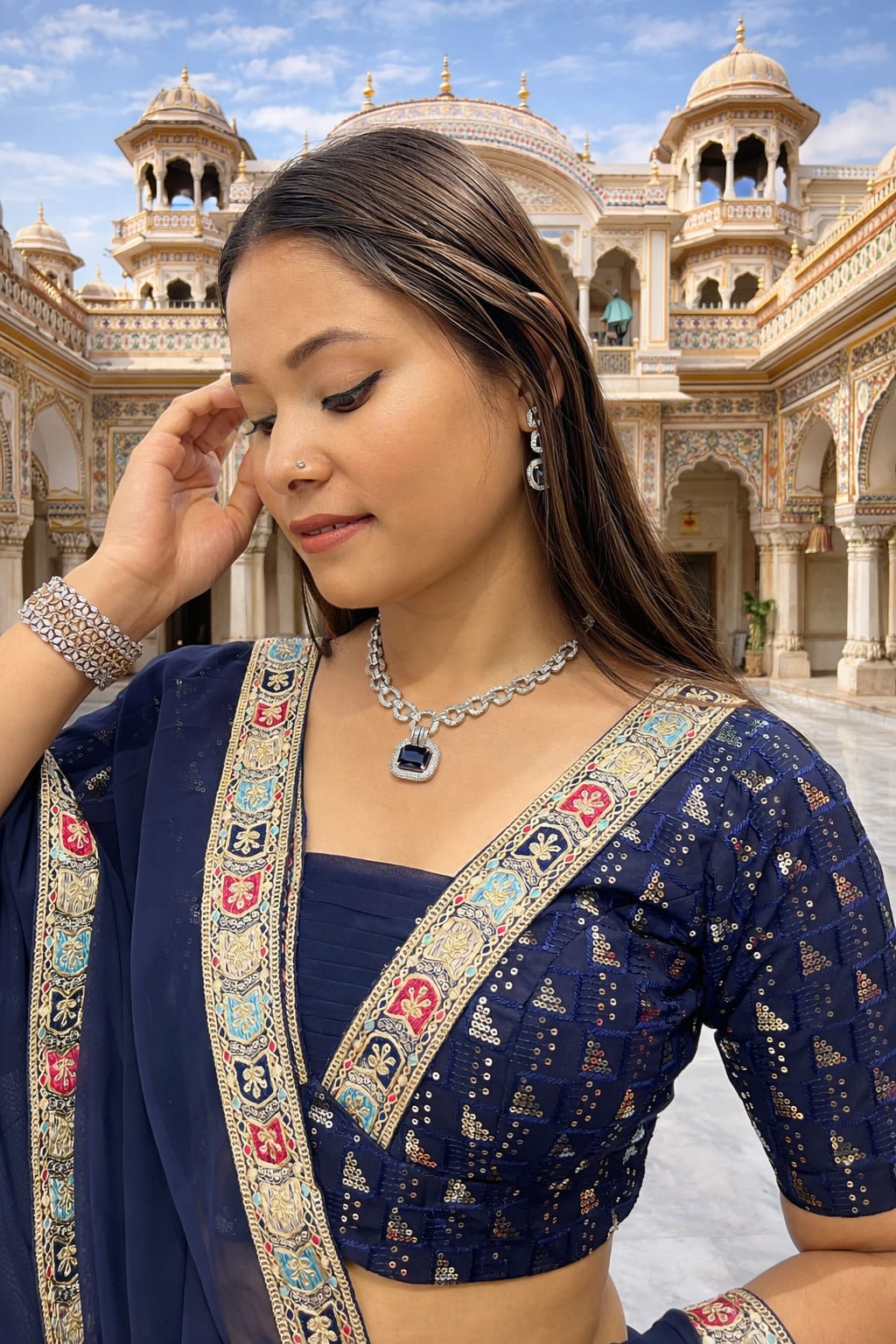 Blue Pleated Lehenga Choli